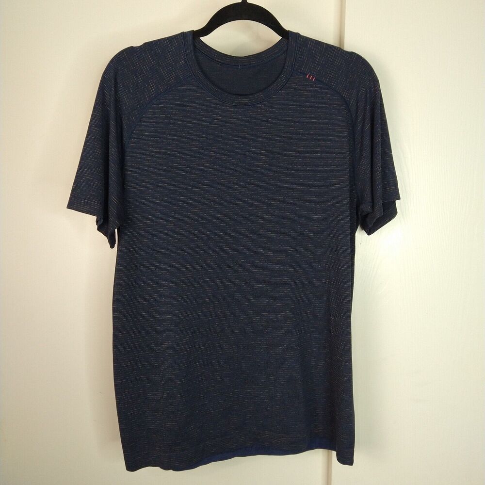 Lululemon Strip Short Sleeve Performance Athletic Shirt Men's Size M Blue Yellow